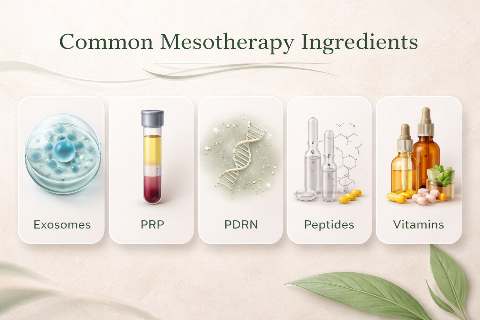 facial mesotherapy ingredients exosomes PRP PDRN peptides vitamins infographic